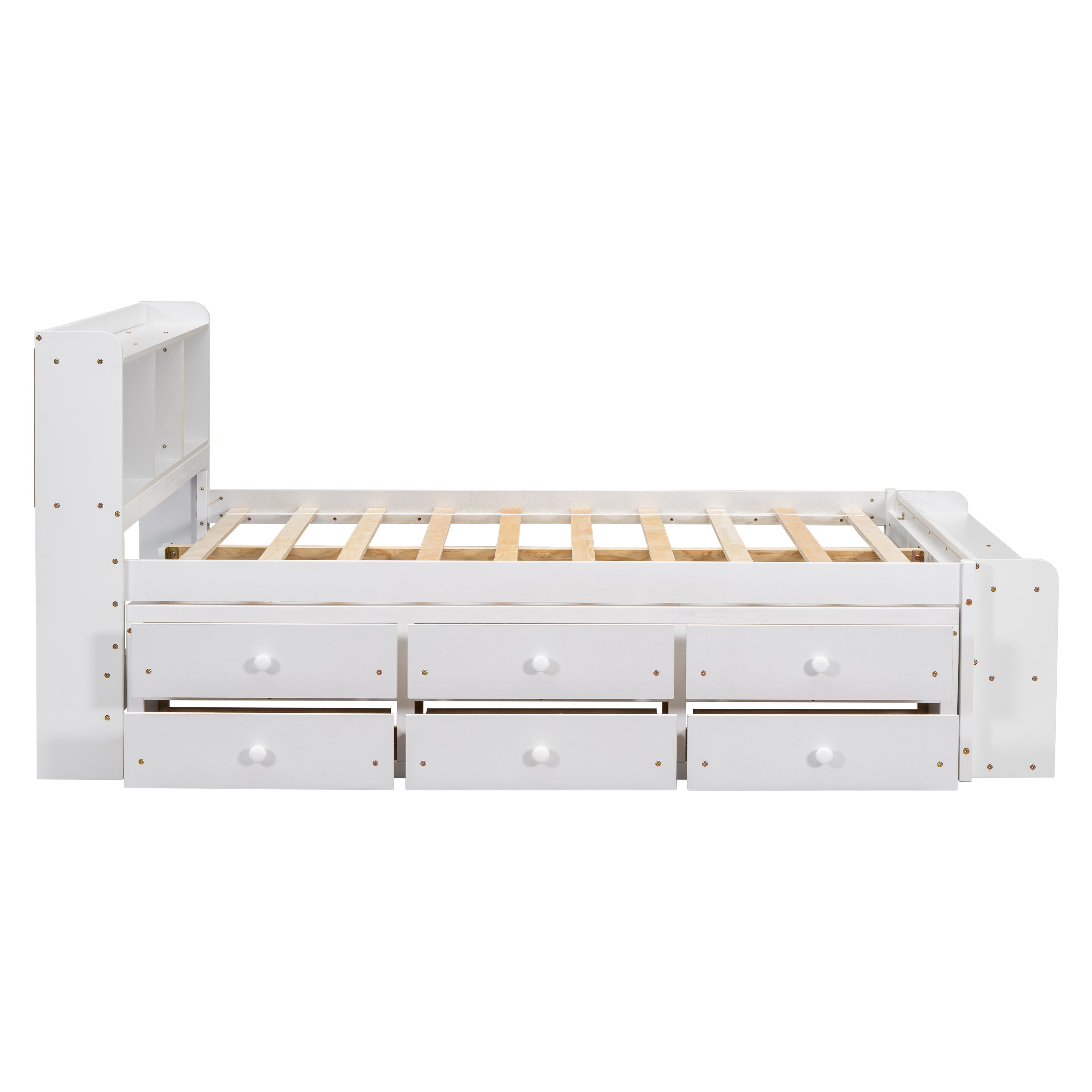 Full Bed with Bookcase Headboard, Under bed Storage Drawers and Bed End Storage Case,White