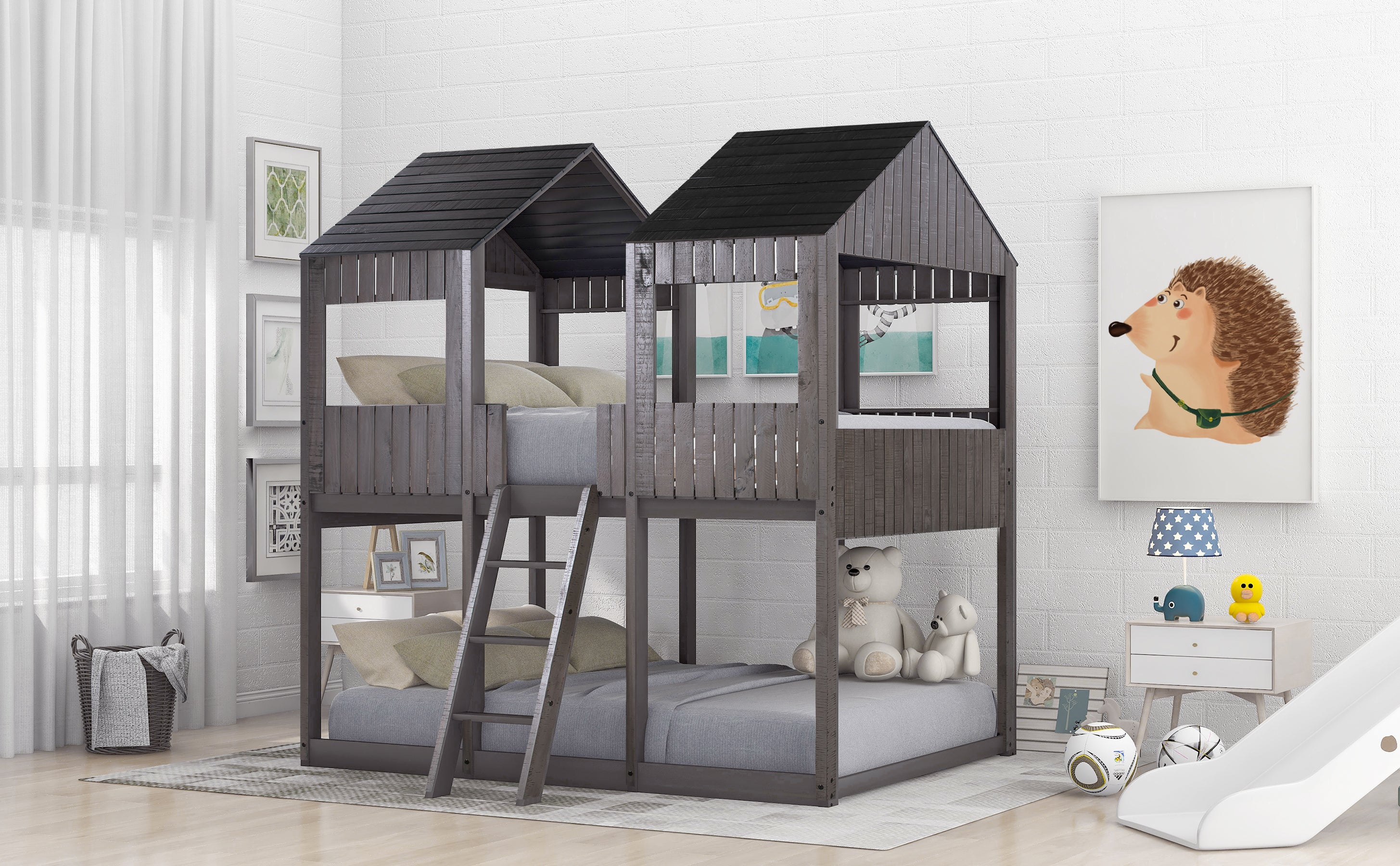 Full Over Full WoodBunk Bed with Roof, Window, Guardrail, Ladder(Antique Gray)( old sku: LT000031AAE ) - Atlantic Fine Furniture Melbourne FL