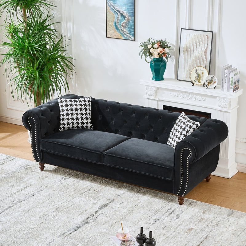 Chesterfield Velvet Upholstery Fabric Sofa With Roll Armrest & Nailhead