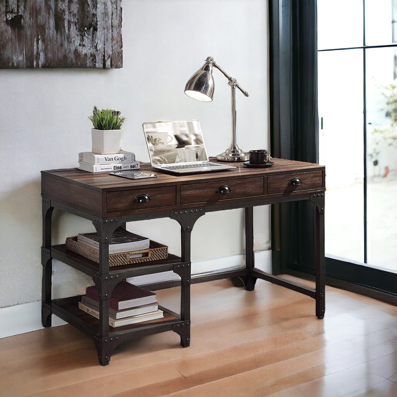 Antique Metal Writing Desk - Espresso / Oak