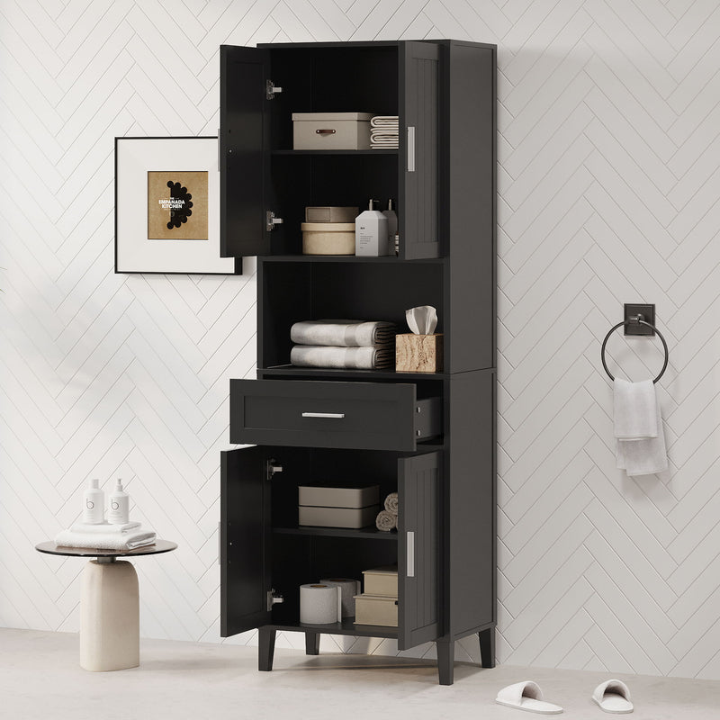 Freestanding Tall Bathroom Cabinet With Soft Close Doors And Adjustable Shelves - Black
