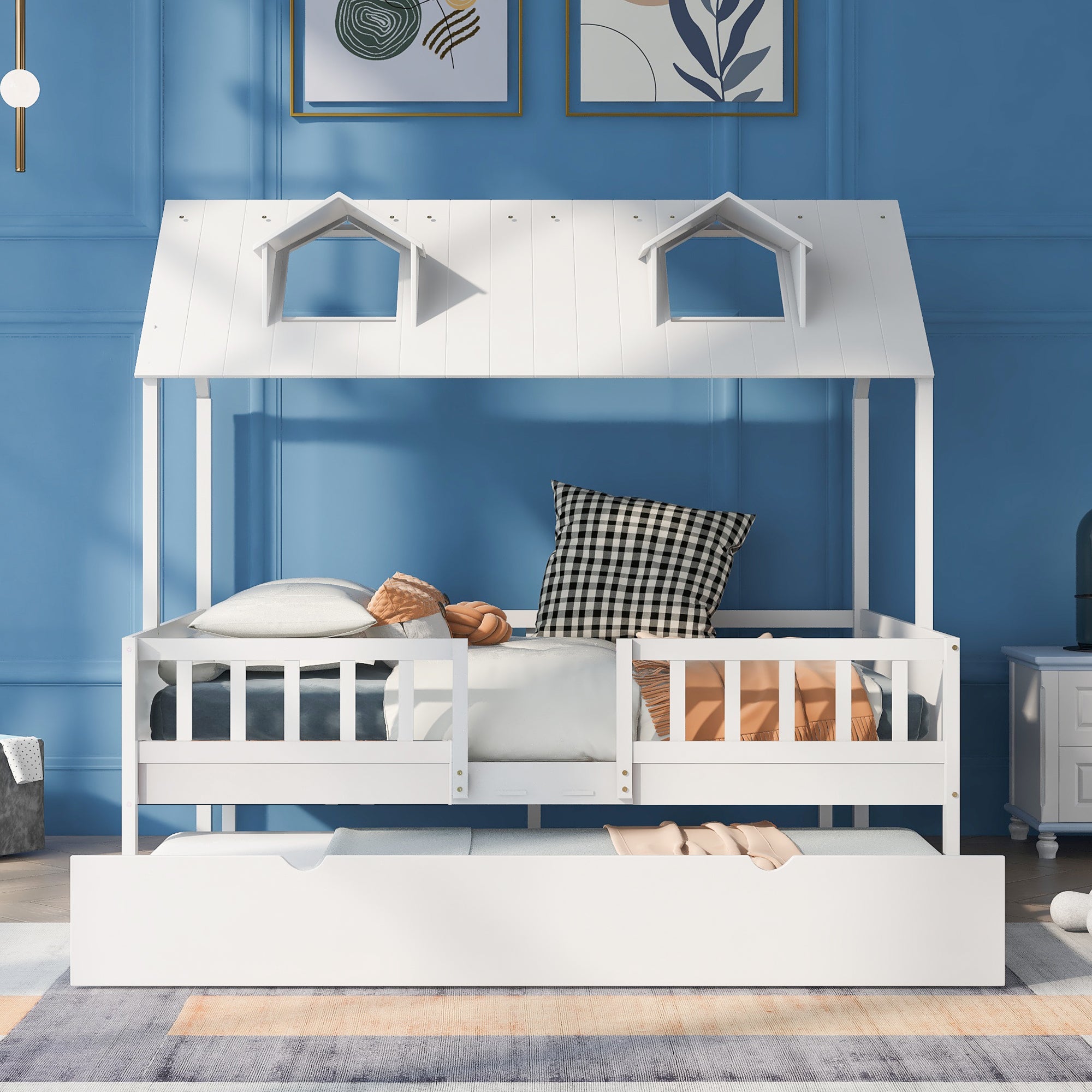 Full Size House Bed Wood Bed with  Twin Size Trundle ( White ) - Atlantic Fine Furniture Melbourne FL