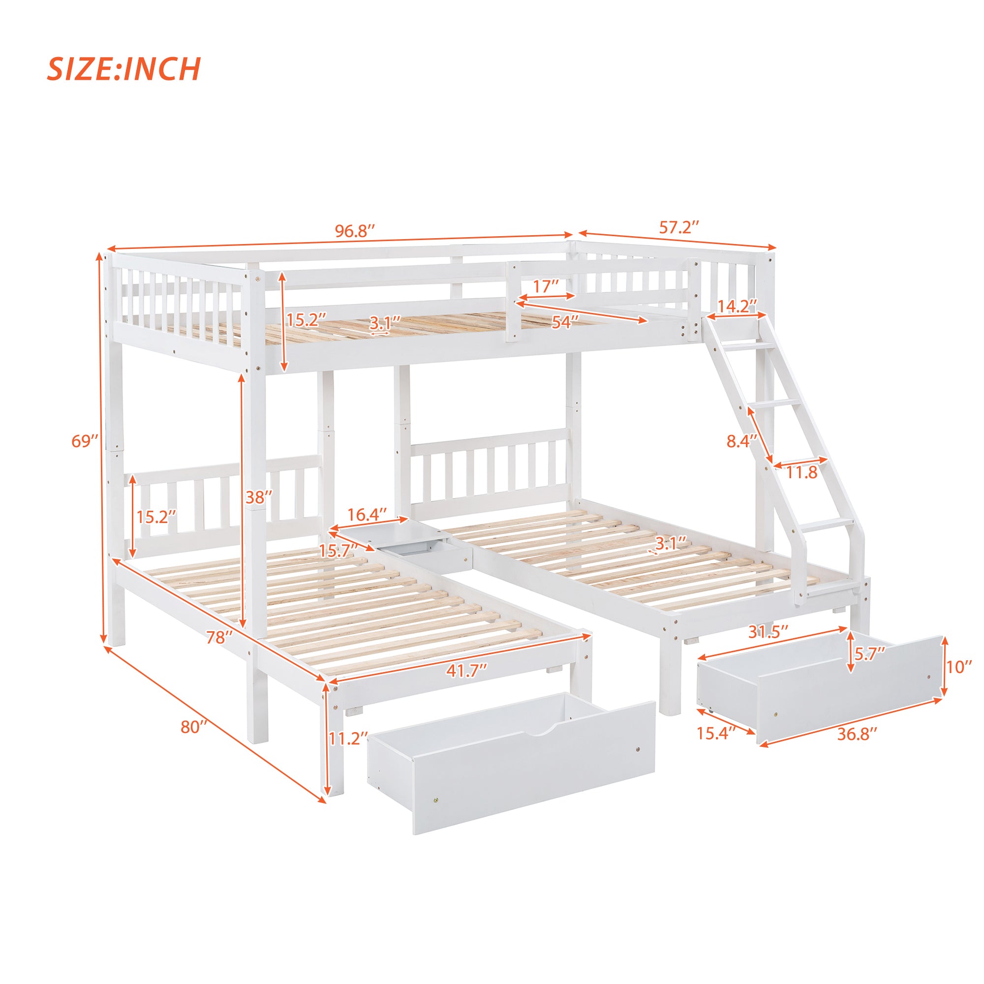 Full Over Twin & Twin Bunk Bed, Wood Triple Bunk Bed with Drawers and Guardrails, White (OLD SKU: LP000143AAK)
