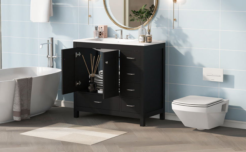 Bathroom Vanity With Ceramic Sink Combo, Abundant Storage Cabinet -2 Soft-Close Doors And 5 Drawers