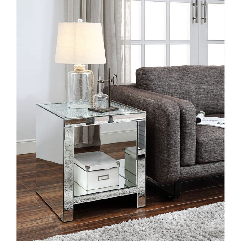 Noralie - End Table With Open Storage Compartment - Clear Glass, Mirrored & Faux Diamonds