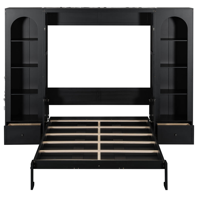French Style Murphy Platform Bed With Shelf, Side Cabinets, Drawers And LED