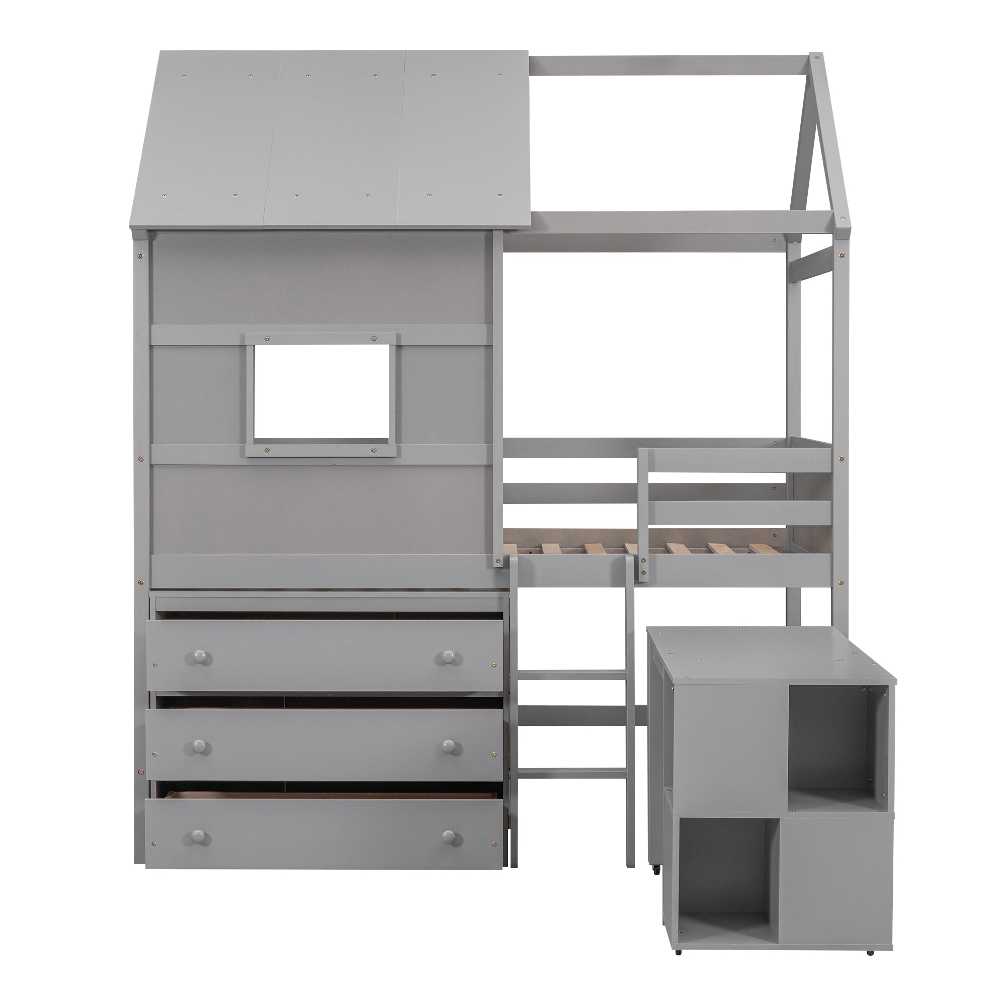 Twin Size House Loft Bed with Storage Desk and 3 Drawer Chest, Gray - Atlantic Fine Furniture Melbourne FL