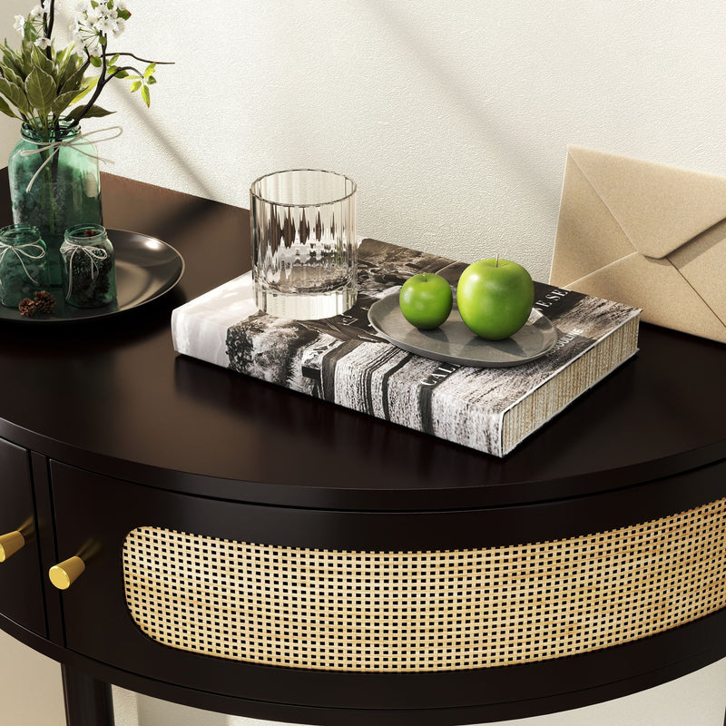 Boho Rattan Semi Circle End Table With Sliding Rattan Door, Storage And Bottom Shelf