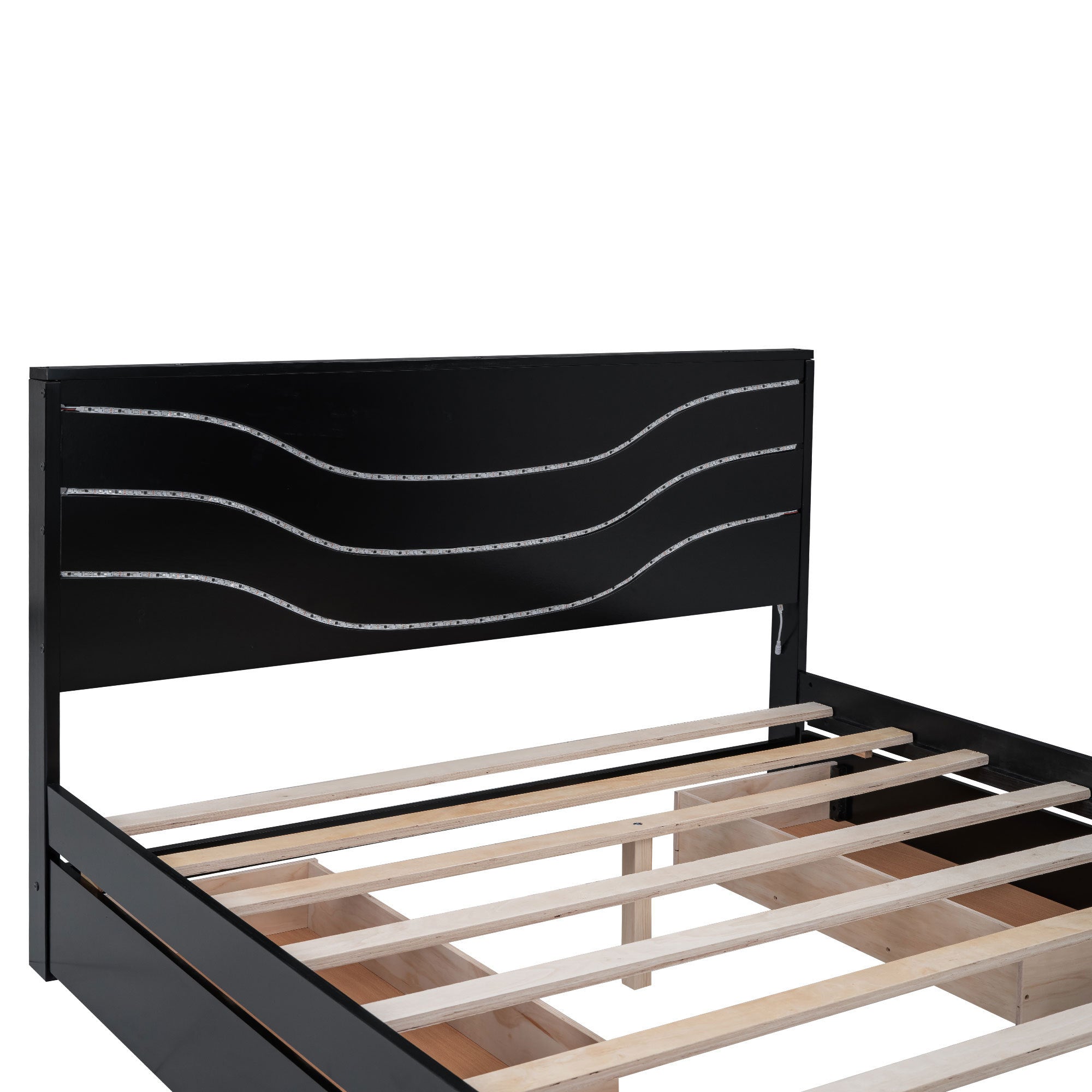 Queen Size Wood Storage Platform Bed with LED and 4 Drawers, Black - Atlantic Fine Furniture Melbourne FL