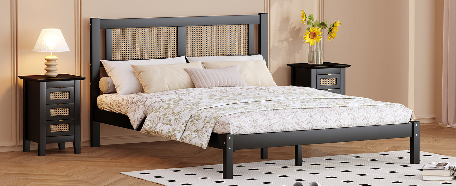 Queen Size Wooden Platform Bed with Natural Rattan Headboard, Exquisite Elegance with Minimalist Charm for Bedroom, Black - Atlantic Fine Furniture Melbourne FL