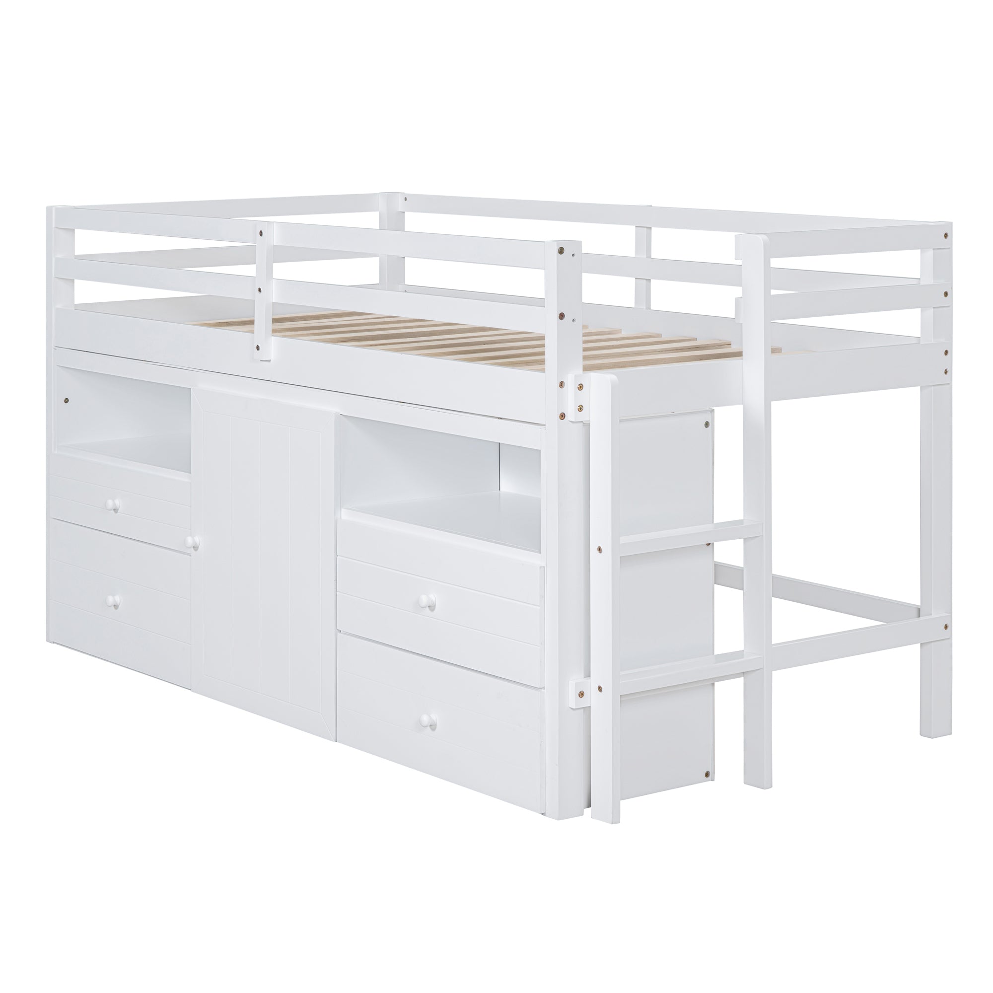 Twin Size Loft Bed with 4 Drawers, Underneath Cabinet and Shelves, White - Atlantic Fine Furniture Melbourne FL