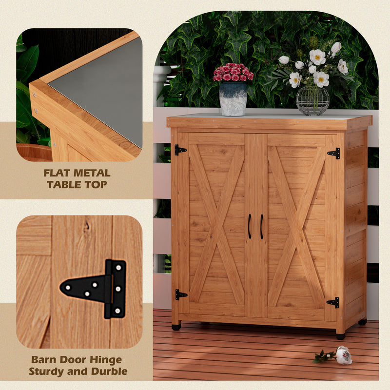 Rustic Cedar Potting Bench With Storage Cabinet And Metal Table Top For Outdoor Patio - Light Brown