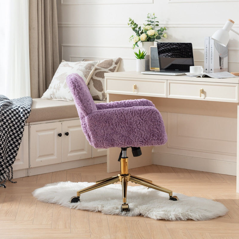 Office Chair, Artificial Rabbit Hair Home Office Chair With Golden Metal Base, Adjustable Desk Chair Swivel Office Chair, Vanity Chair