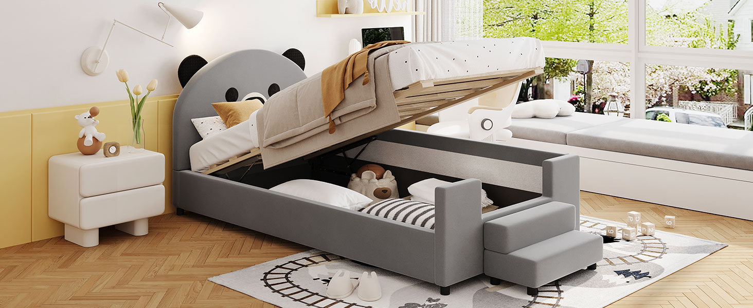 Twin Size Upholstered Daybed with Bear Shaped Headboard, Hydraulic System and Breathable Mesh Fence, Gray - Atlantic Fine Furniture Melbourne FL