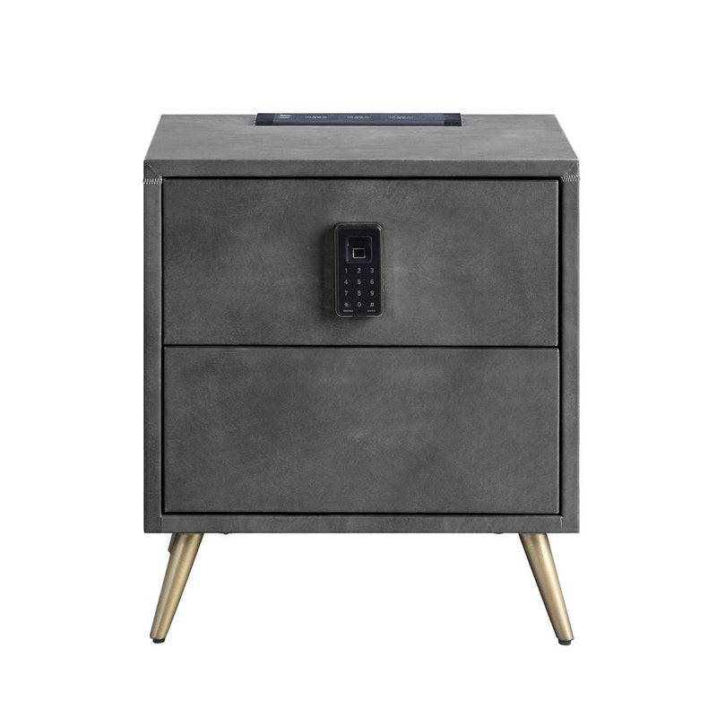 Doris - Nightstand With USB & Electric Lock - Gray Top Grain Leather