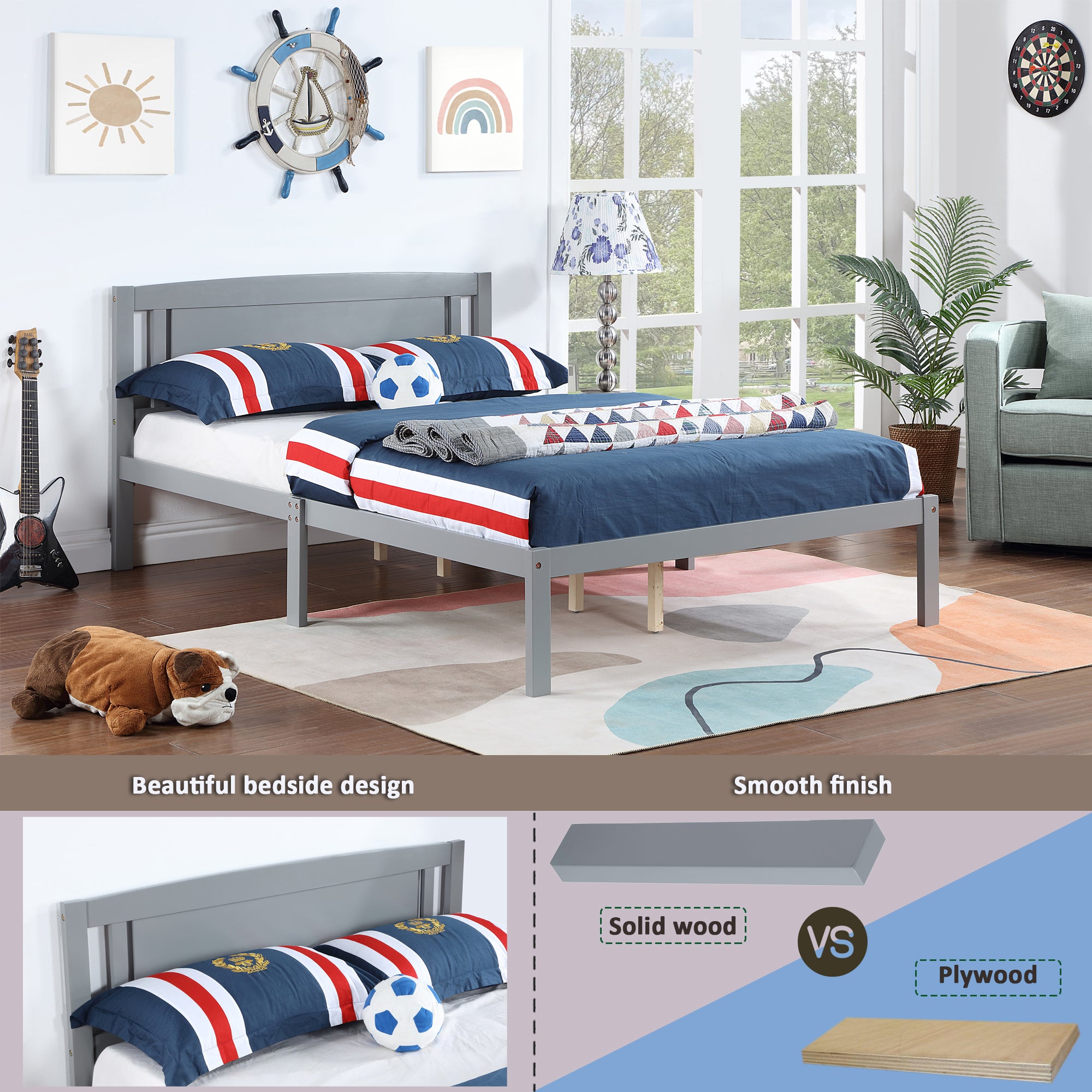Full Size Bed, Wood Platform Bed Frame with Headboard For Kids, Slatted, Gray