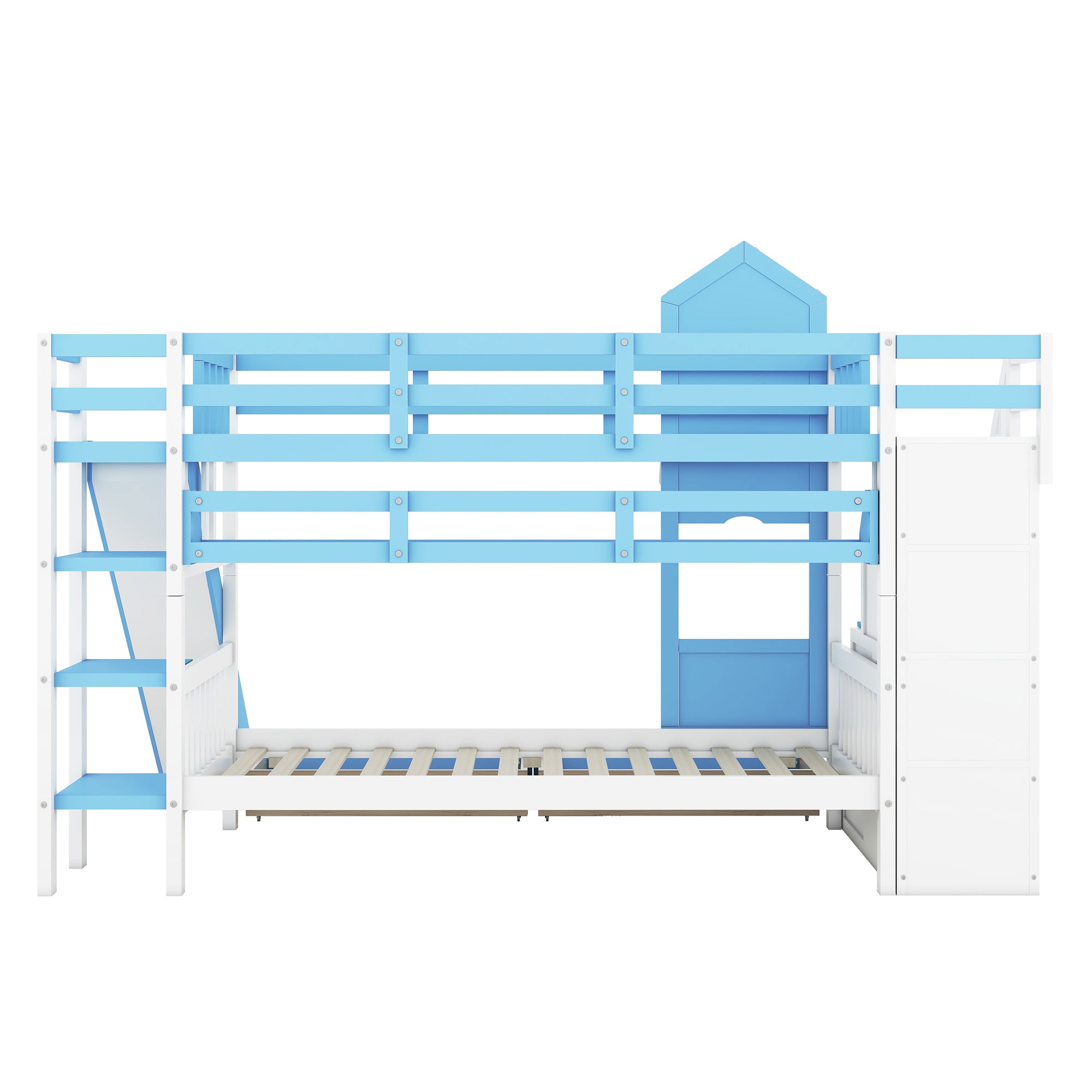 Twin-Over-Twin Castle Style Bunk Bed with 2 Drawers 3 Shelves and Slide - Blue - Atlantic Fine Furniture Melbourne FL