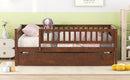 Full Size Wood Daybed with Trundle and Fence Guardrails, Walnut