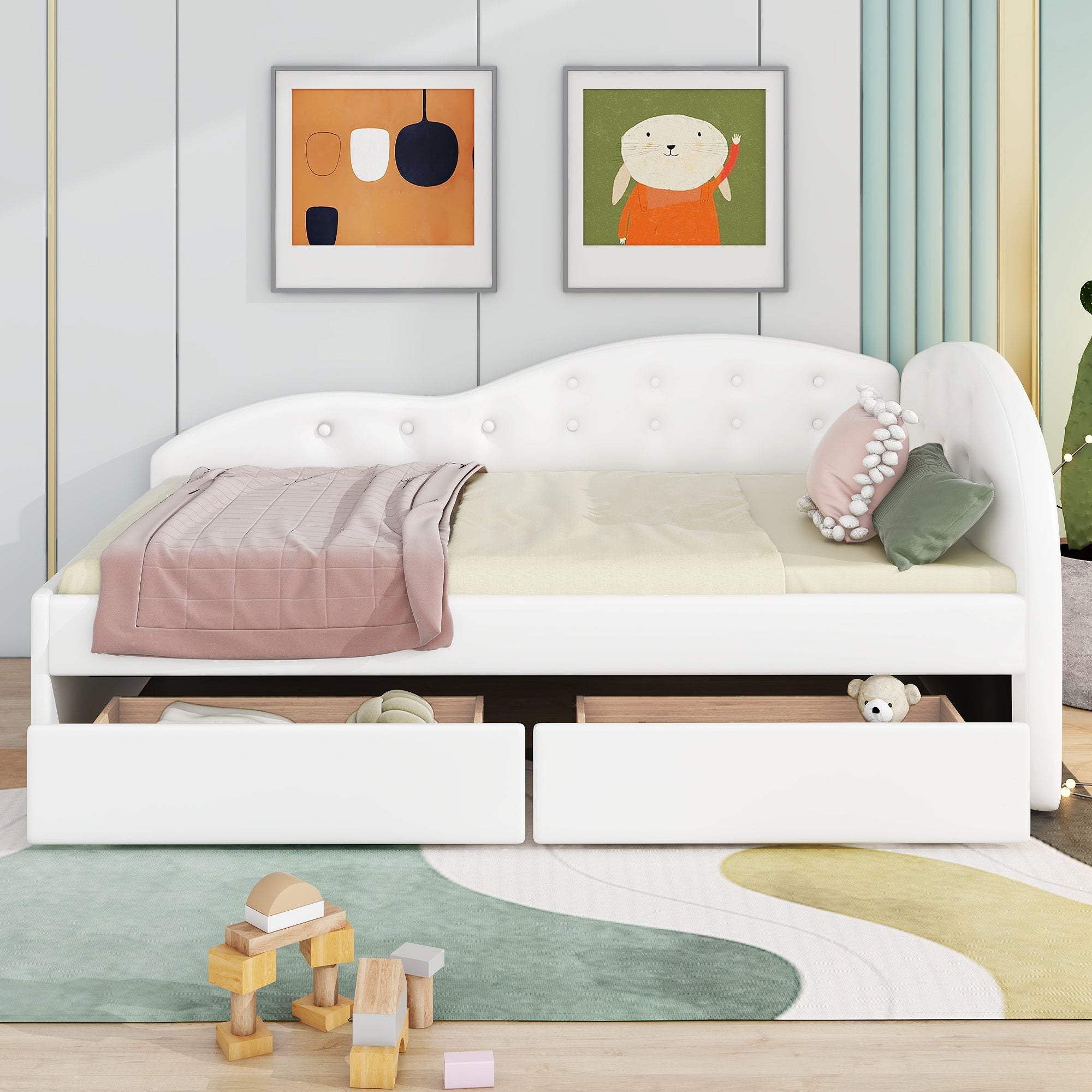 Twin Size PU Upholstered Tufted Daybed with Two Drawers and Cloud Shaped Guardrail, White - Atlantic Fine Furniture Melbourne FL
