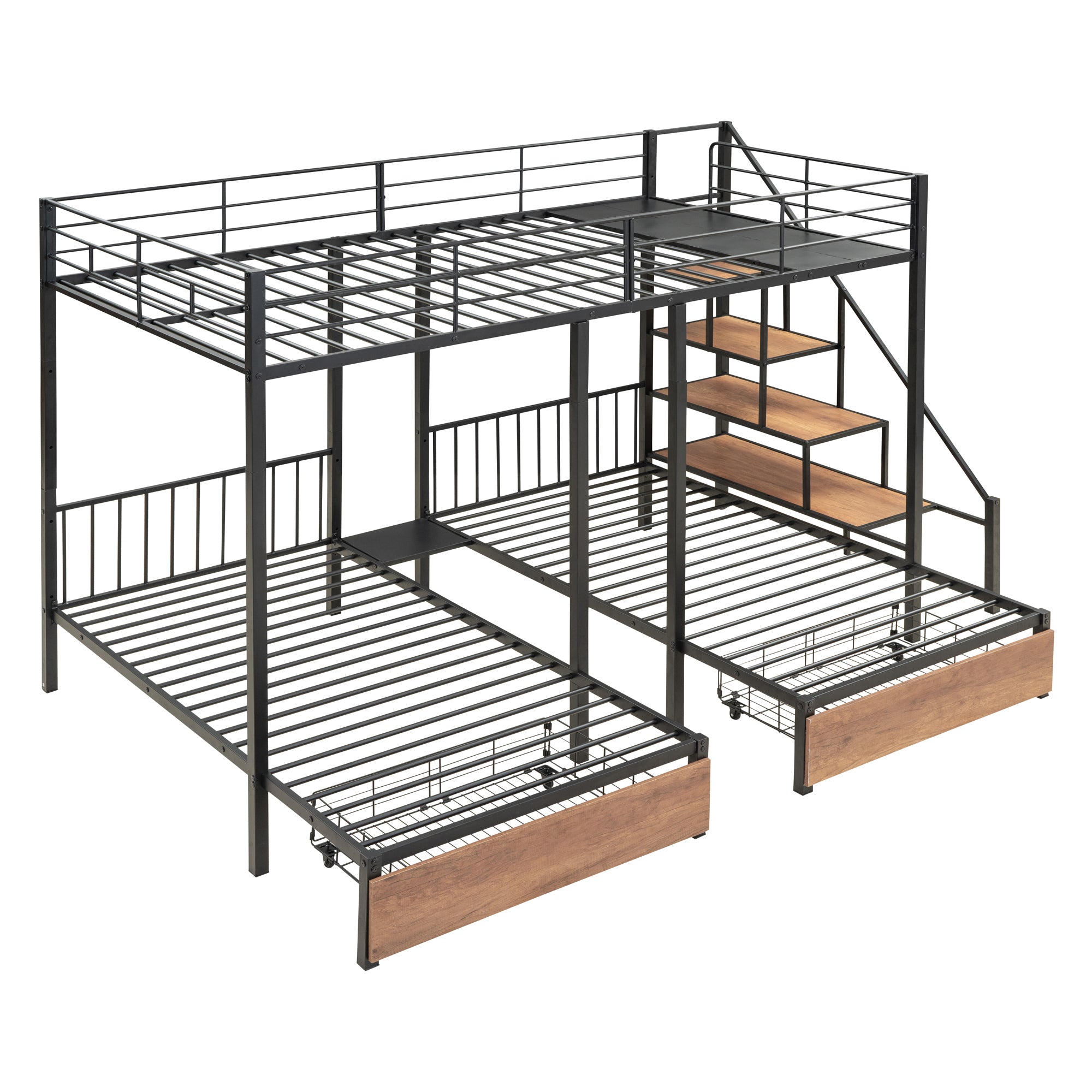 Full over Twin-Twin Triple bunk bed with drawers and staircase, Black - Atlantic Fine Furniture Melbourne FL