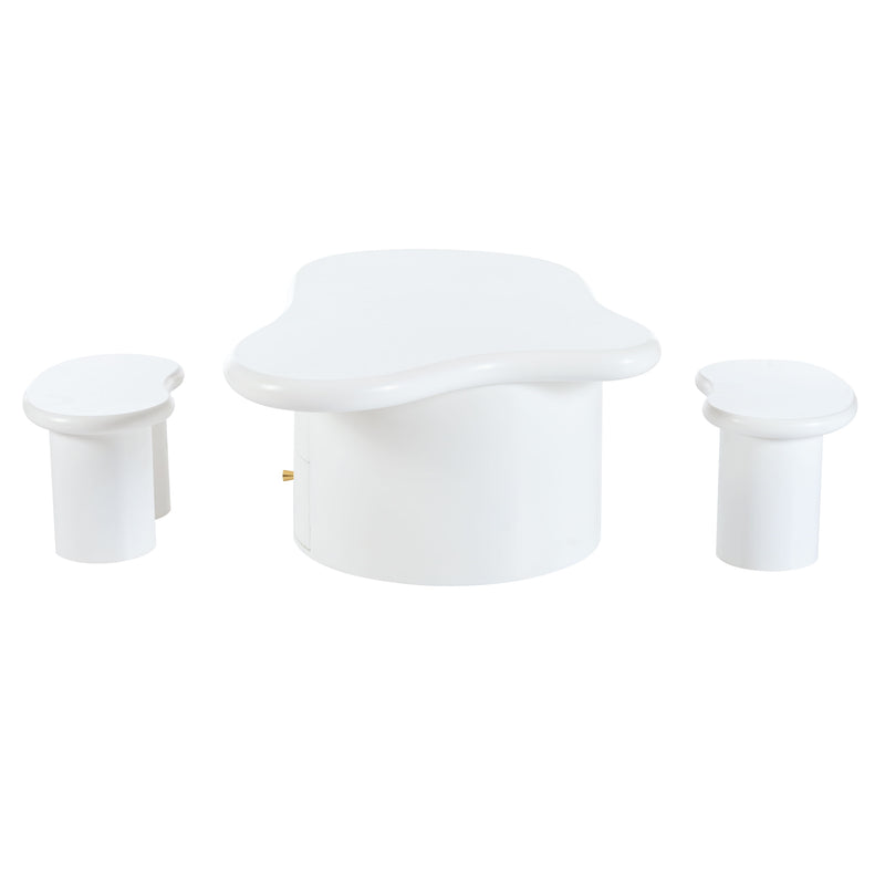 Cloud - Coffee Table (Set of 3), Irregular Shape Coffee Table With 2 Drawers, 2 Small Stools For Living Room - White