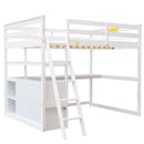 Full Size Loft Bed with Desk and Shelves,Two Built-in Drawers,White