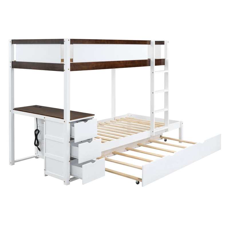 Twin-Over-Twin Bunk Bed with Twin size Trundle, Storage and Desk, White+Walnut