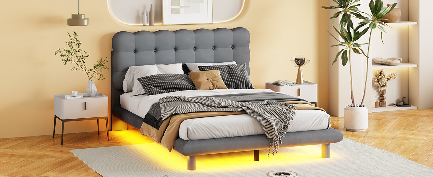 Full Size Velvet Platform Bed with LED Frame, Thick & Soft Fabric and Button-tufted Design Headboard, Gray - Atlantic Fine Furniture Melbourne FL