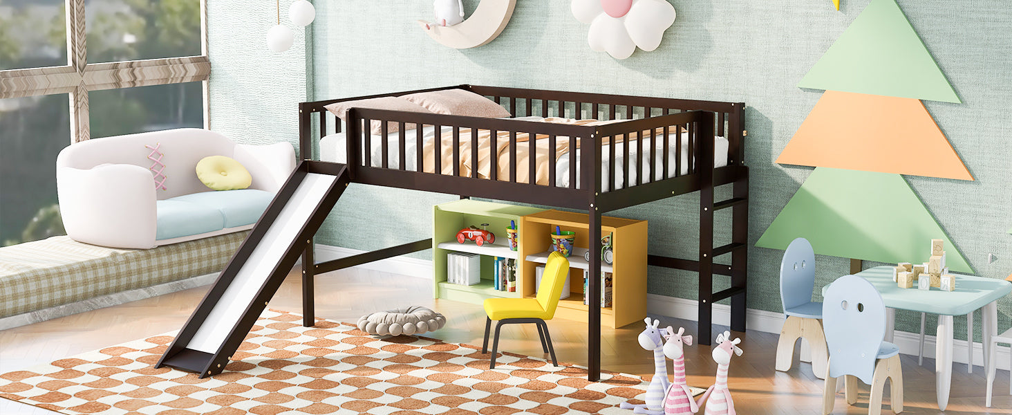Full Size Low Loft Bed with Ladder and Slide,Espresso - Atlantic Fine Furniture Melbourne FL