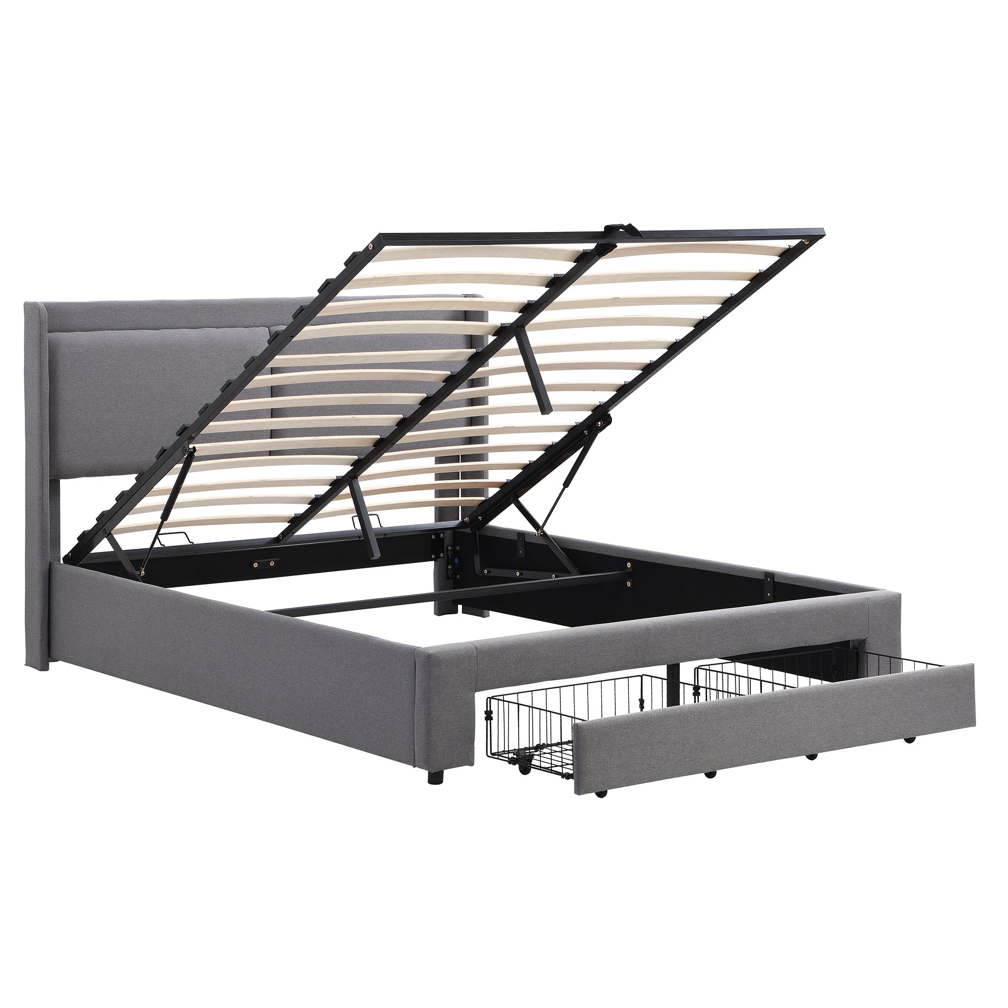 Queen Size Storage Upholstered Hydraulic Platform Bed with 2 Drawers, Gray - Atlantic Fine Furniture Melbourne FL