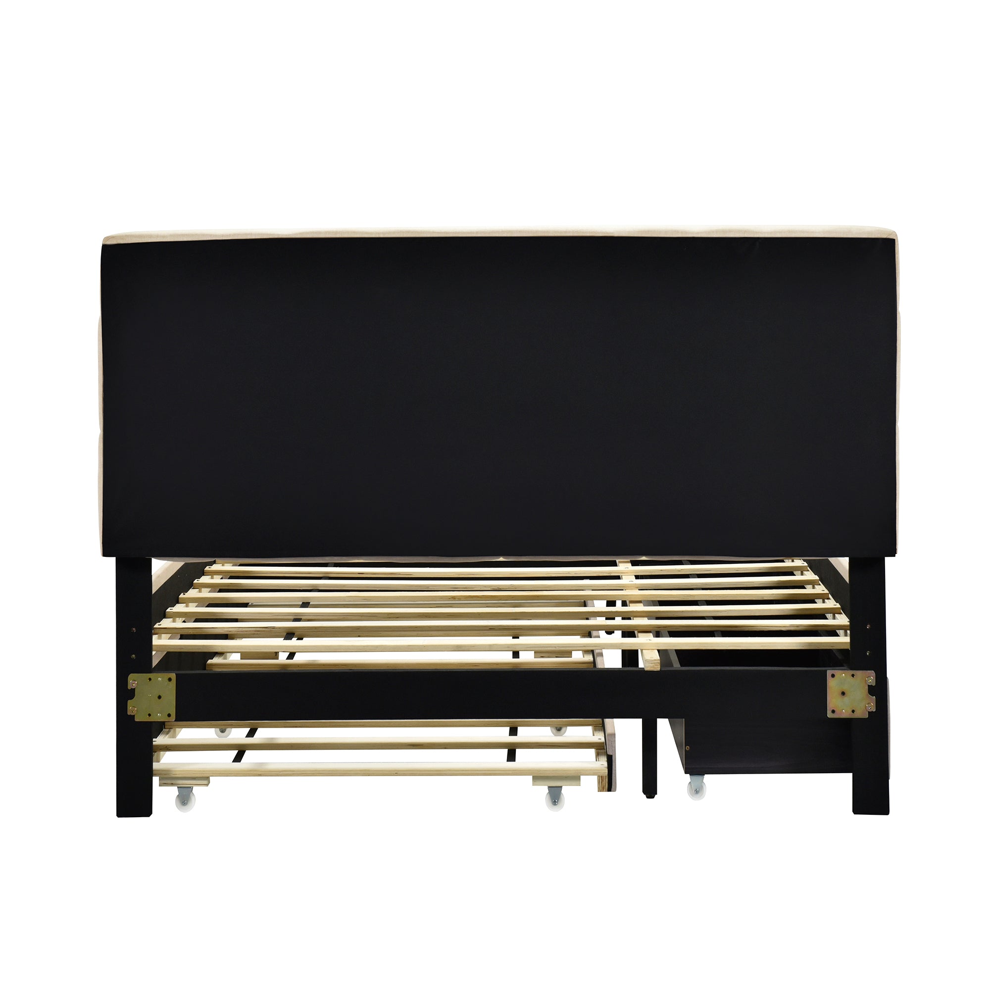 Queen Size Upholstered Platform Bed with LED Frame, with Twin XL Size Trundle and 2 drawers, Linen Fabric, Beige - Atlantic Fine Furniture Melbourne FL