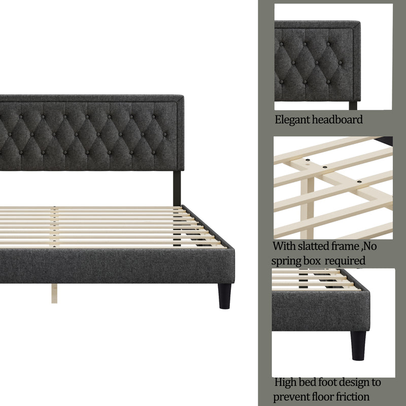 King size Panel Bed Frame with Adjustable Button-Tufted Headboard for Bedroom/Linen Upholstered/Wood Slat Support/Easy Assembly,Dark Grey