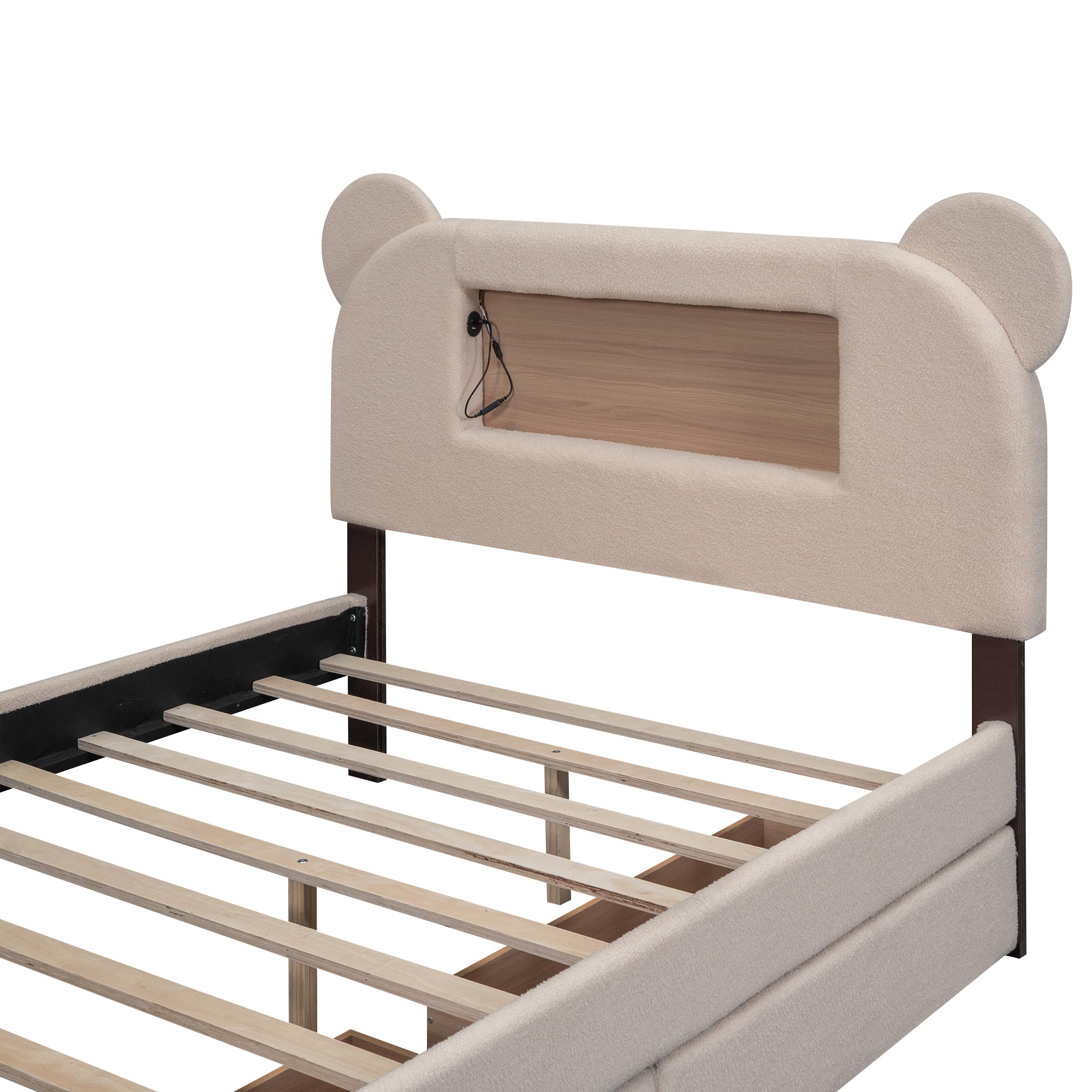 Full Size Upholstered Storage Platform Bed with Cartoon Ears Shaped Headboard, LED and USB, Beige - Atlantic Fine Furniture Melbourne FL