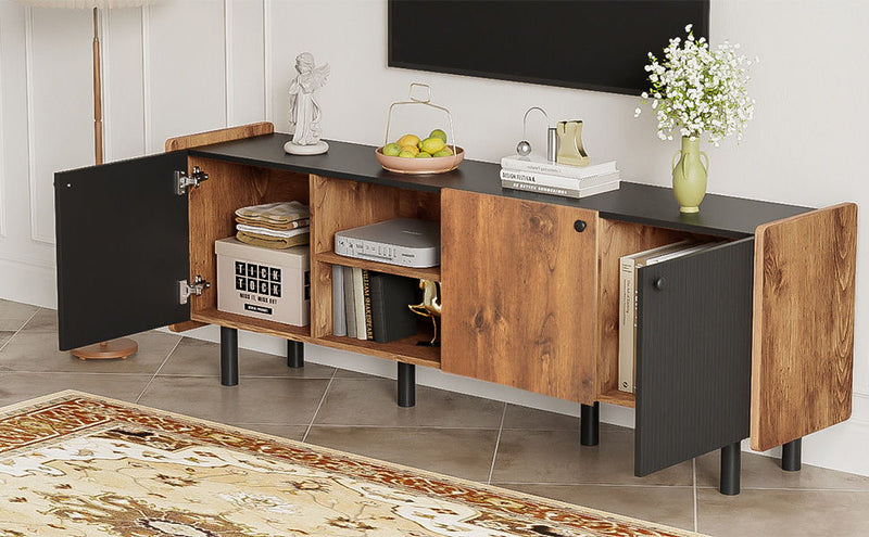 Mid Century TV Stand With 3 Cabinets, Media Console Table For Tvs Up To 70'', Entertainment Center With Storage For Living Room - Black / Brown