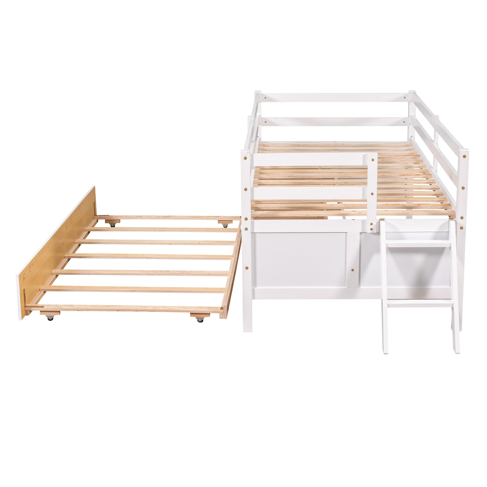 Low Loft Bed Twin Size with Full Safety Fence, Climbing ladder, Storage Drawers and Trundle White Solid Wood Bed - Atlantic Fine Furniture Melbourne FL