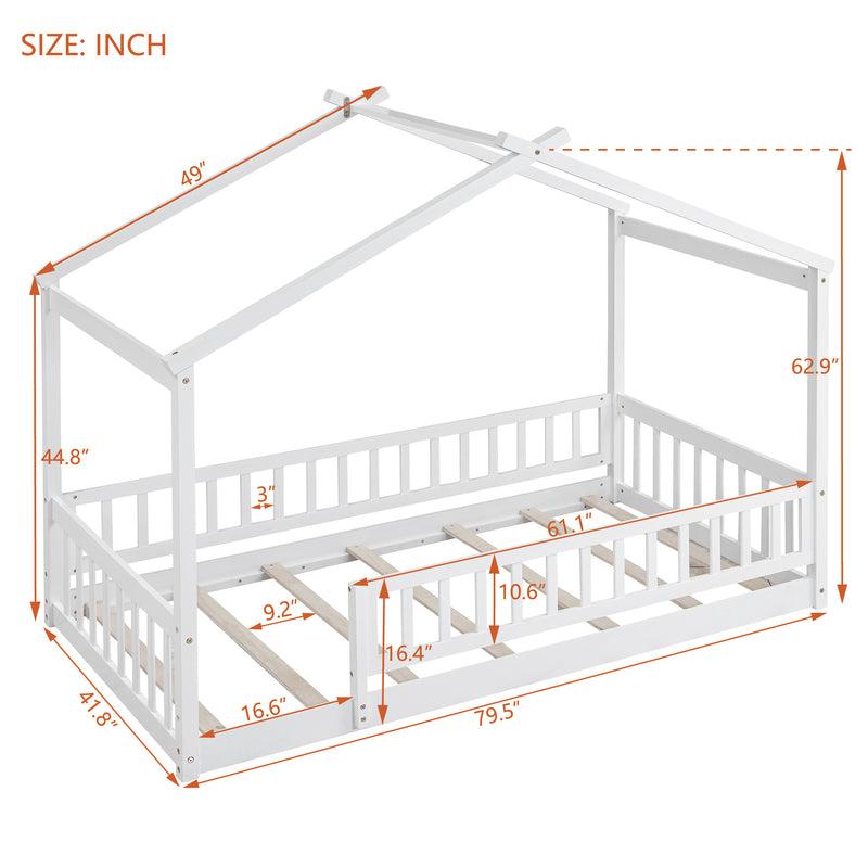 Twin Size Wood Bed House Bed Frame with Fence, for Kids, Teens, Girls, Boys,White