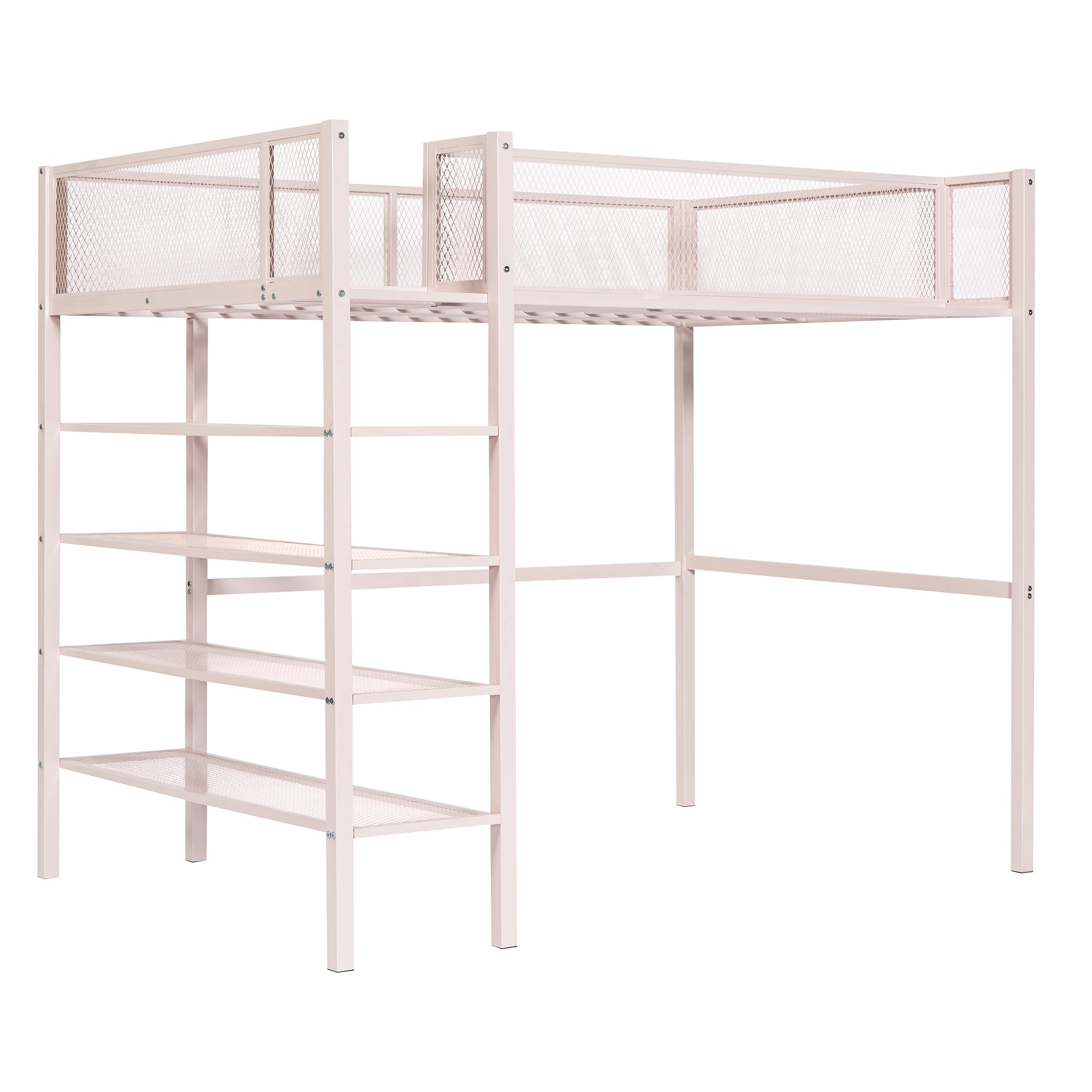 Twin Size Metal Loft Bed with 4-Tier Shelves and Storage, Pink - Atlantic Fine Furniture Melbourne FL