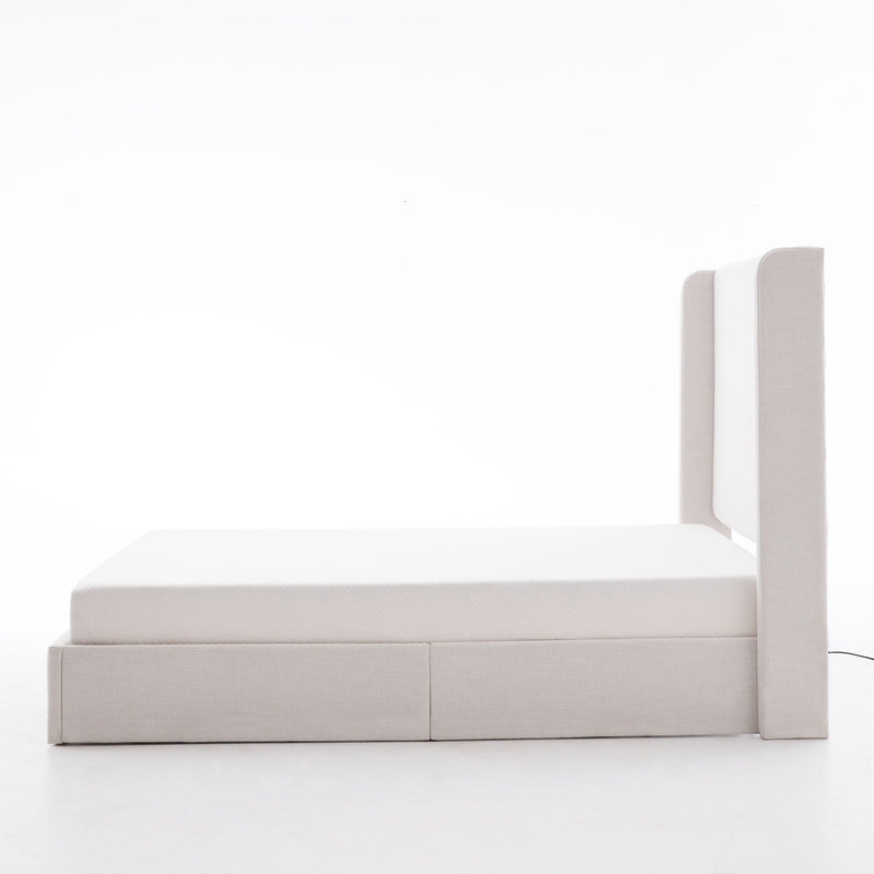 Caron - Queen Size Upholstered Wingback Bed With Adjustable Base Bundle Set - Ivory