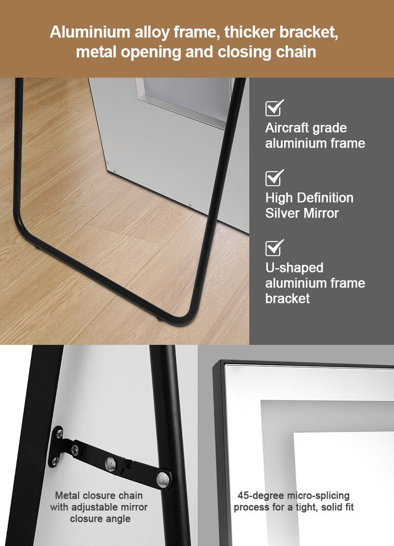 Led Mirror Full Length Mirror With Lights Wide Standing Tall Full Size Mirror For Bedroom Giant Full Body Mirror Large Floor Mirror With Lights Stand Up Dressing Big Lighted Mirror - Black