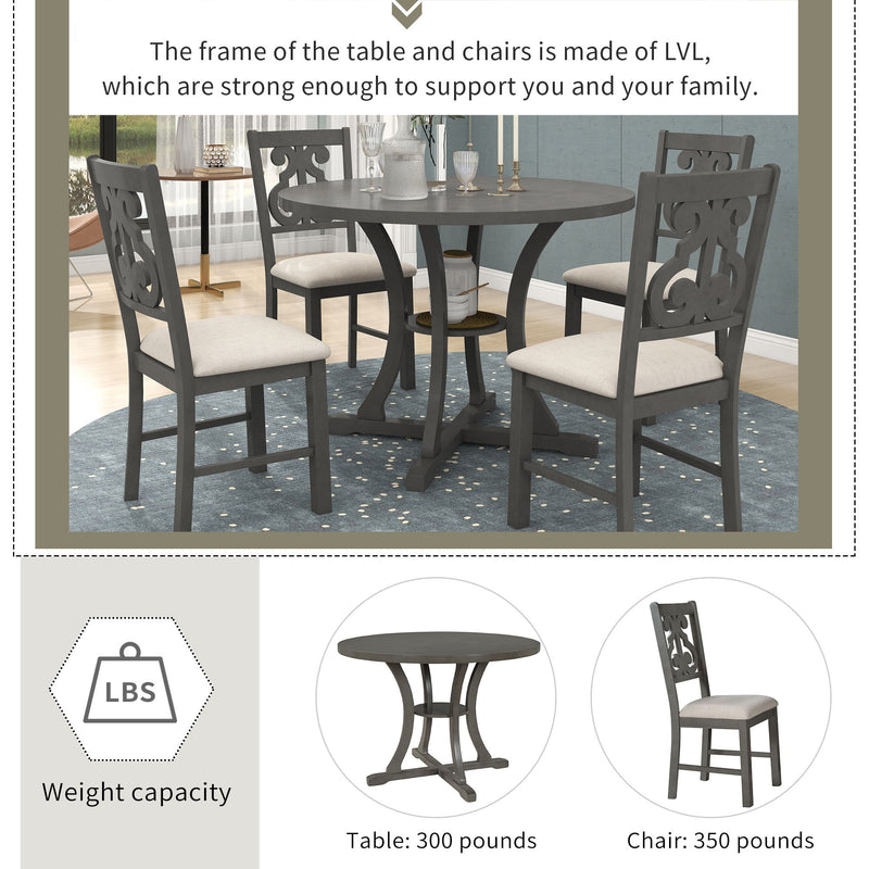 5 Piece Round Dining Table And Chair Set With Unique Legs And Hollow Chair Back