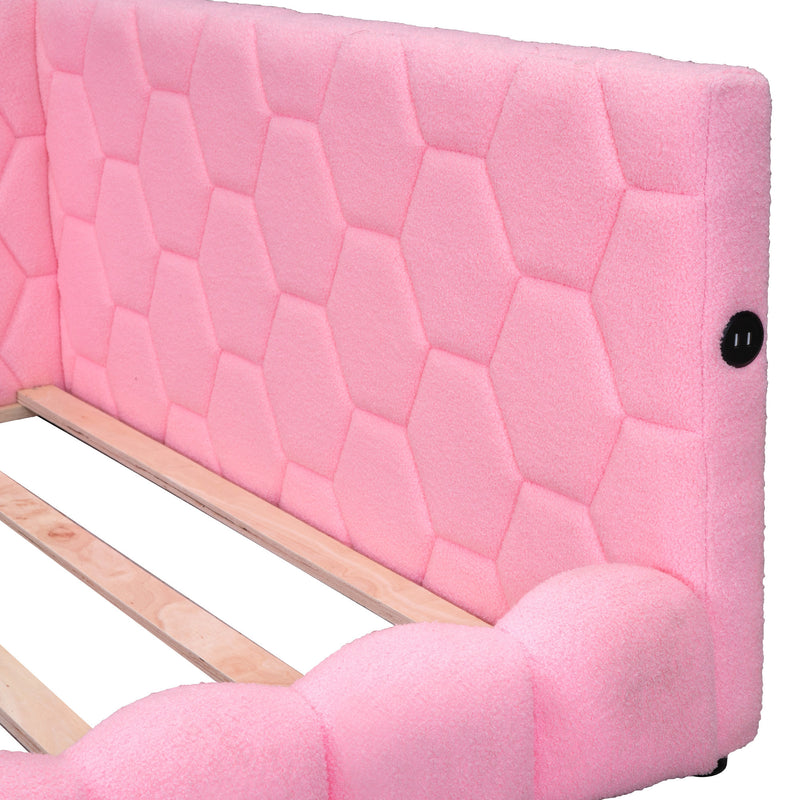 Upholstered Full Size platform bed with USB Ports and LED belt, Pink