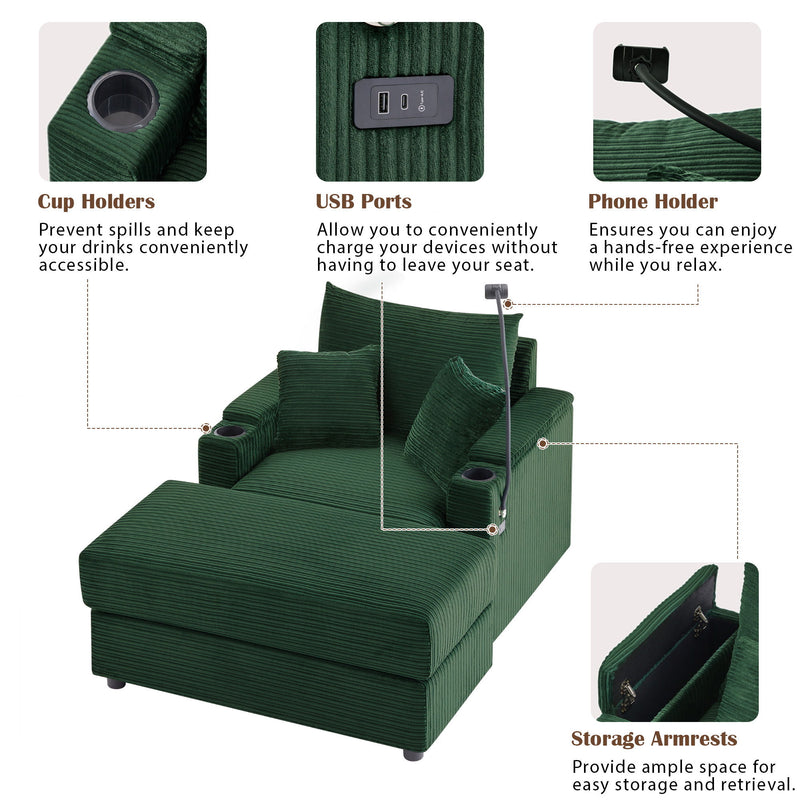 Modern Style Loveseat Sofa Sectional Sofa Couch With Storage Space, A Movable Ottoman, Two USB Ports, Two Cup Holders, A Phone Holder For Living Room