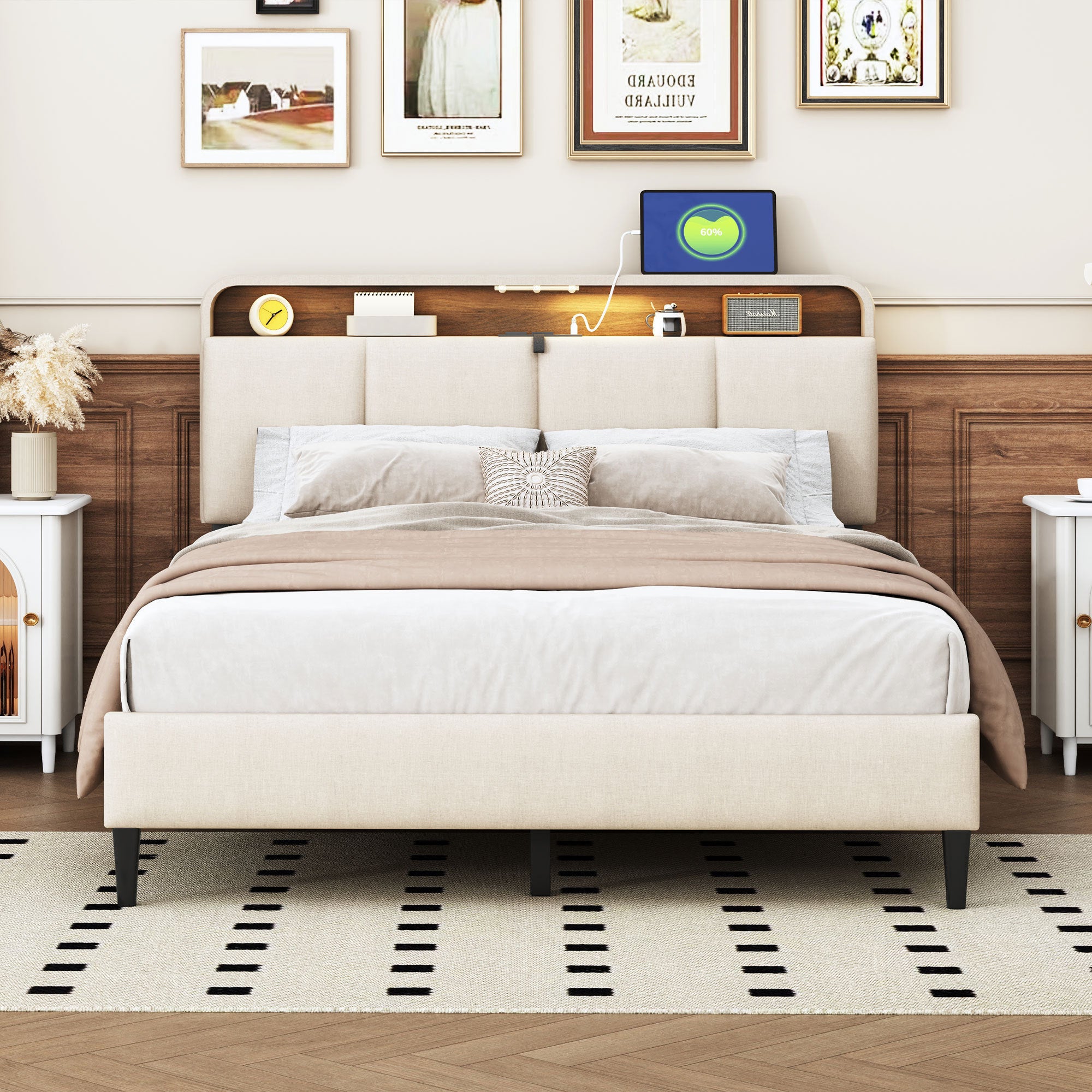 Full size Upholstered Platform Bed with Storage Headboard, Sensor Light and a set of Sockets and USB Ports, Linen Fabric, Beige