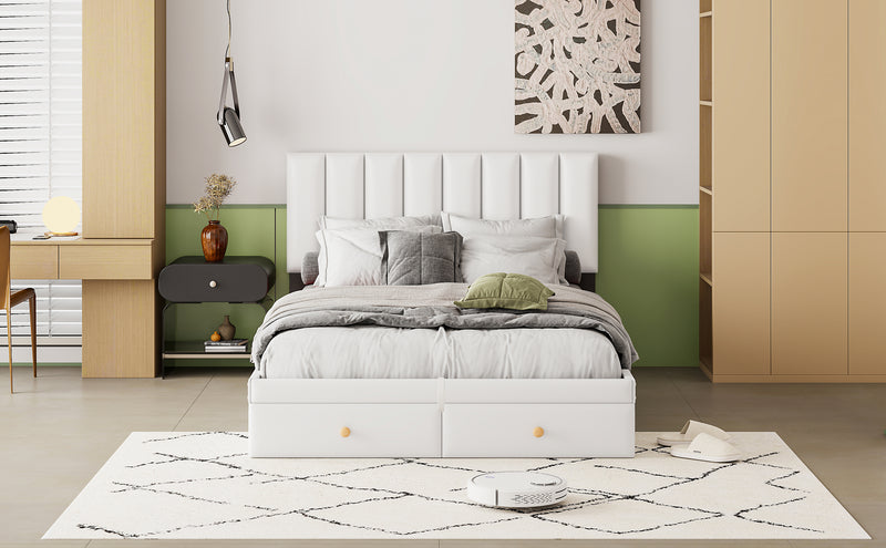 Full Size Upholstered Bed with Hydraulic Storage System and Drawer, White