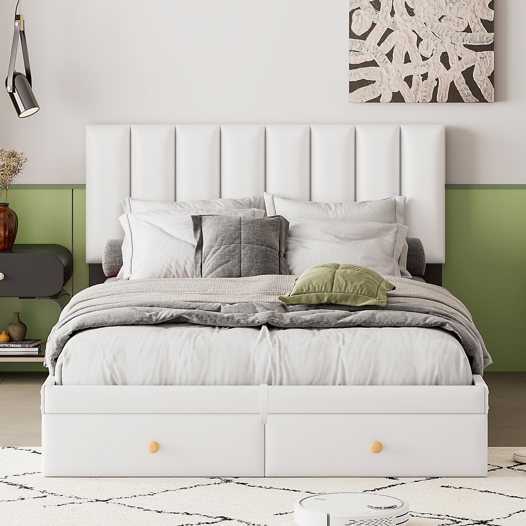 Full Size Upholstered Bed with Hydraulic Storage System and Drawer, White - Atlantic Fine Furniture Melbourne FL