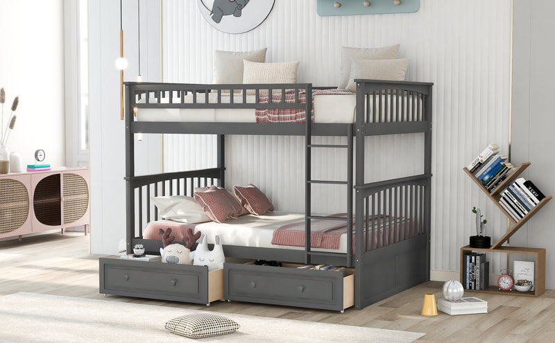 Full over Full Bunk Bed with Drawers, Convertible Beds, Gray(OLD SKU:SM000241AAE-1)