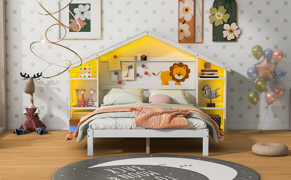Wood Full Size Platform Bed with House-shaped Storage Headboard and Built-in LED, White - Atlantic Fine Furniture Melbourne FL