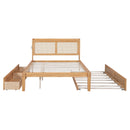 Full Size Elegant Bed Frame with Rattan Headboard and Sockets ,Walnut