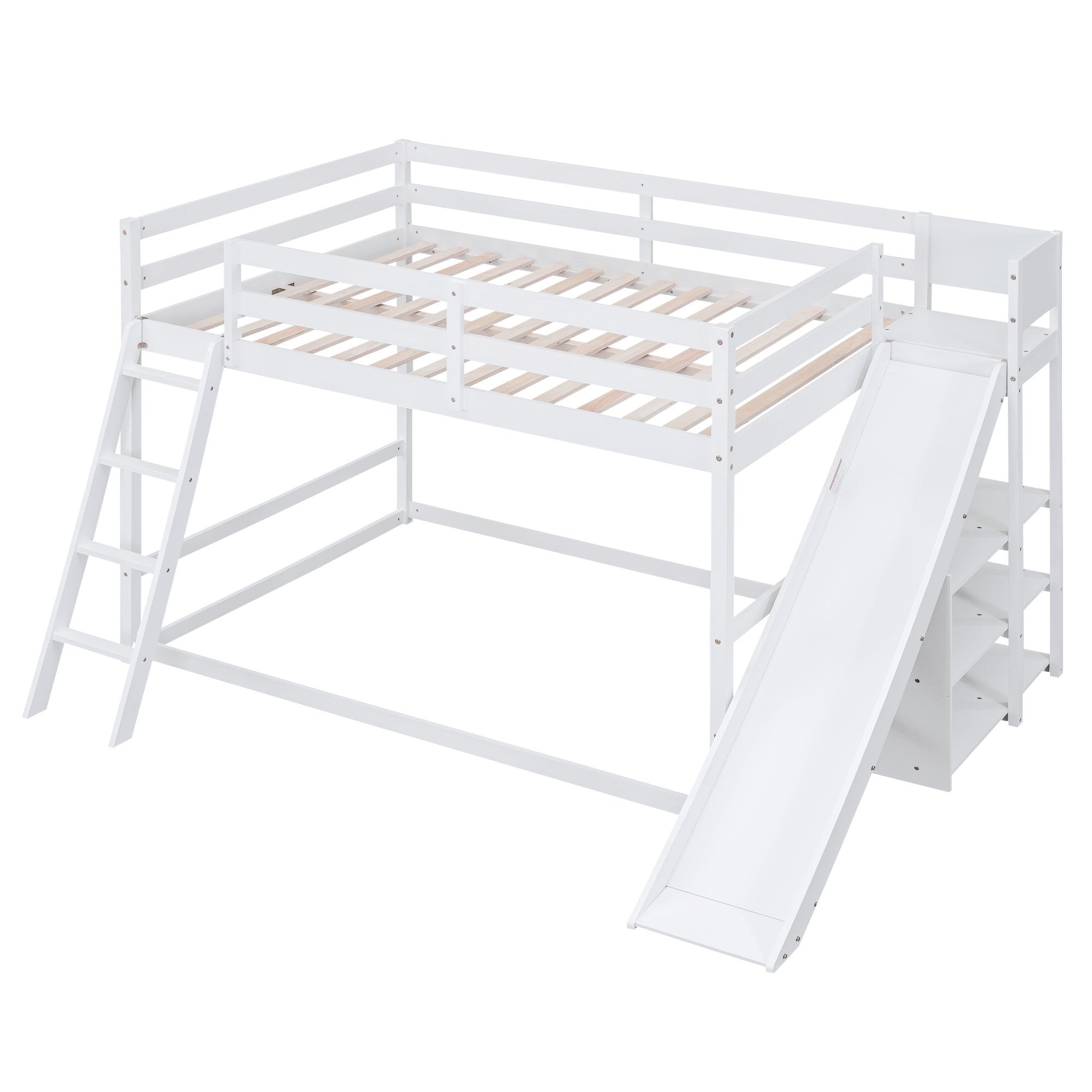 Full over Full Bunk Bed with Ladder, Slide and Shelves, White - Atlantic Fine Furniture Melbourne FL