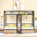 Full Over Twin & Twin Triple Bunk Bed with Drawers, Multi-functional Metal Frame Bed with desks and shelves in the middle, Black